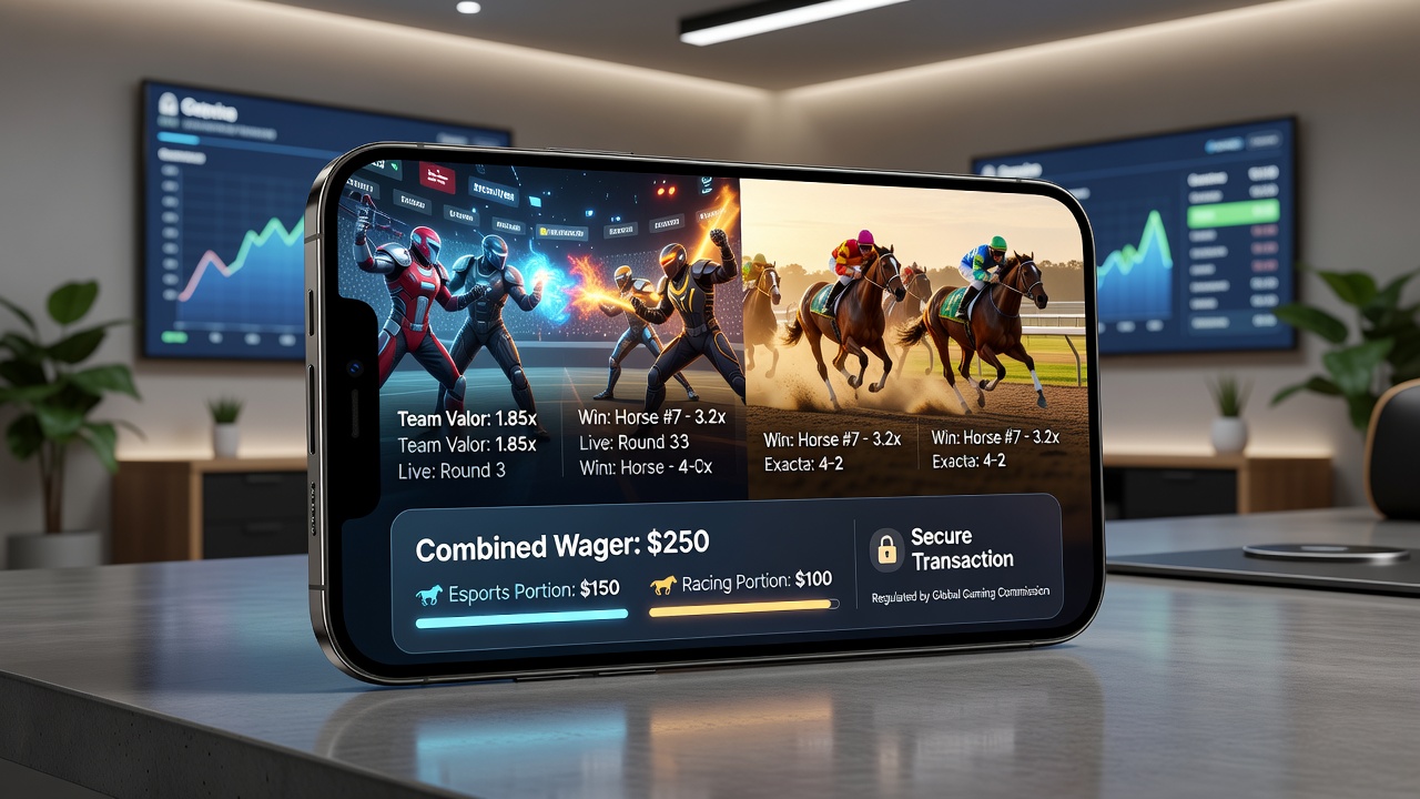 Mobile platform screenshot showing combined esports and horse racing wager options with digital wallet balance